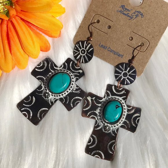 Long Boho Earrings Etched Cross Turquoise Dangles - Picture 3 of 4